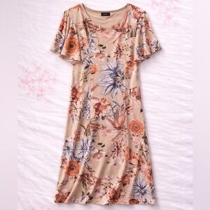 Nina Piu Floral Dress Beige Pink Flutter Sleeve Midi Shift Dress Feminine Size L